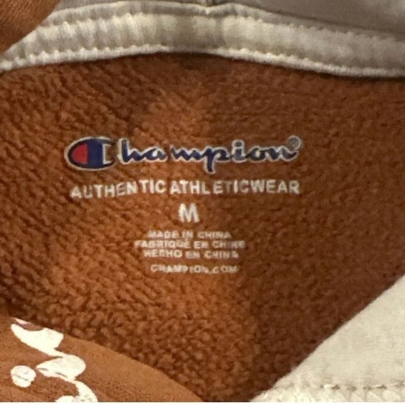 CHAMPION Burnt Orange All-Over Logo Graphic Print Fleece Hoodie Sweatshirt MED - Picture 2 of 9